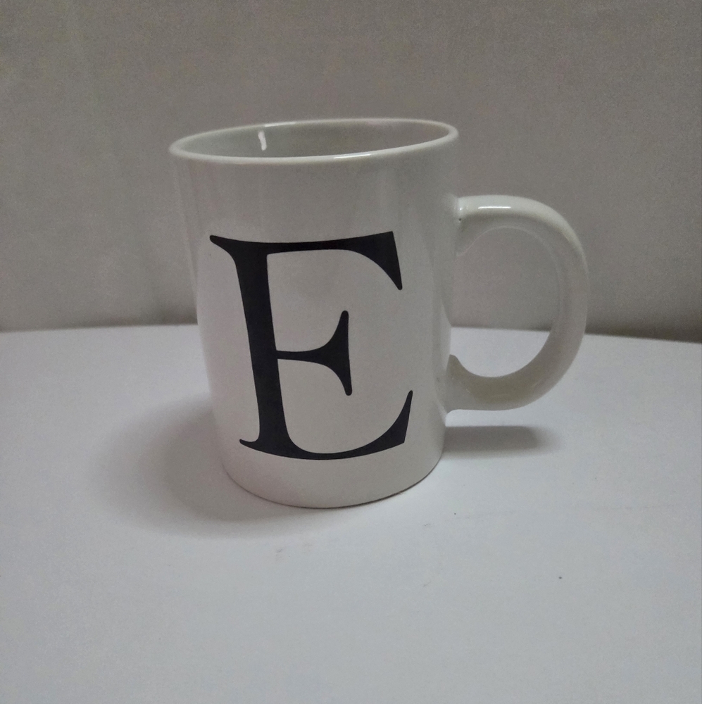 Monogrammed White E Mug with Black Lettering